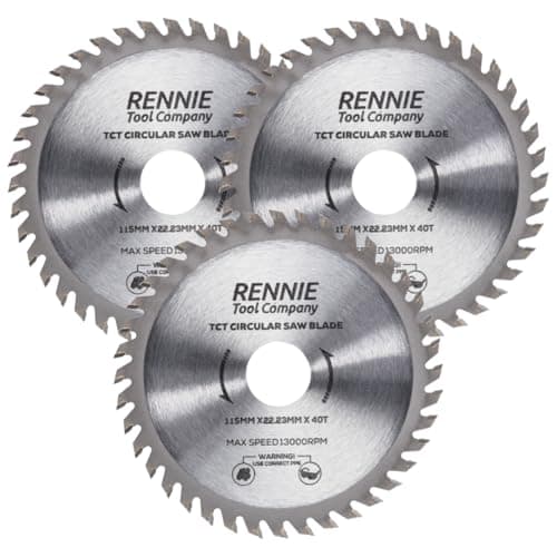 Image of Rennie Tools - Pack Of 3 x 115mm Circular Saw Blade TCT Wood Cutter Blade. 40 Teeth (40T) Carbide Tipped Saws for Woodworking Wood Cutting 7/8 inch (22.23mm) Bore + 20mm and 16mm Reduction Rings.