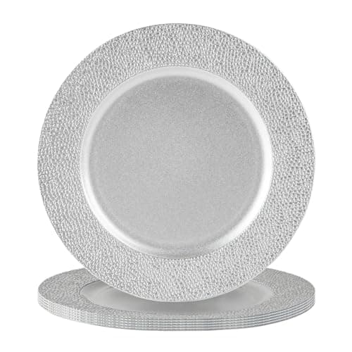 Image of Argon Tableware Metallic Charger Plates - Hammered Silver - 33cm - Pack of 6 - Metallic Finish Reusable Dining Table Setting Plates for Christmas, Party Celebrations, Restaurant Decor Placemats