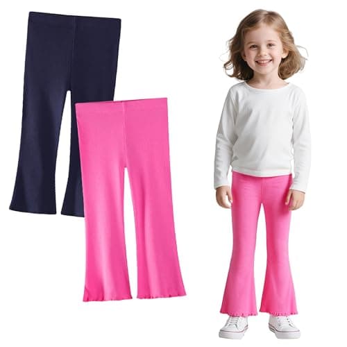 Image of Domueay Girls Flared Leggings Kids Cotton Stretchy Trousers with Elastic Waist Breathable Ribbed Tights Bell Bottom Pants Children Solid 2 Pack Navy Rose Red Legging for Casual Dance 4-5 Years