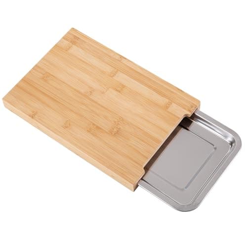 Image of Vencier Premium Bamboo Chopping Board with Sliding Stainless Steel Tray, Eco-Friendly Wooden Cutting Board for Food Prep - Meat, Vegetables, Bread - 35x24x3.7cm
