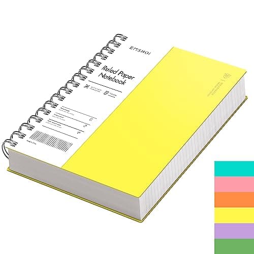 Image of EMSHOI A5 Notebook College Ruled, Spiral Notepad 150 Sheets/300 Pages, 100gsm, PVC Cover, Sticky Notes, Pocket, Pen Loop, Ruler, Bookmark, Lined Journal for Women Men Writing, 14.5 x 21cm, Yellow