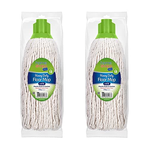 Image of HOMESHOPA 2 Pack Mop Heads Replacement, 18 Size Green Colour Coded Self Threading Plastic Push in Socket Refill Head, Super Absorbent Wet & Dry Floor Cleaning for Domestic & Commercial Use