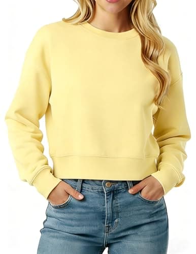 Image of LETSEE Cropped Sweatshirt for Women Oversized Crewneck Cotton Long Sleeve Crop Pullover Casual Lightweight Boxy Sweater, Yellow, S