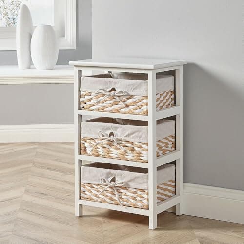 Image of Home Source Storage Chest, Wooden Bedroom Hallway Cabinet, 3 Wicker Basket Drawers, White