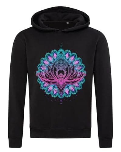 Image of Lotus Flower Heart Meditation Mandala Star Hooded Sweatshirt Hoodie Cotton Blend Black XX-Large