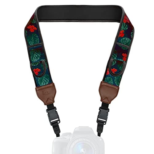Image of USA Gear TrueSHOT Camera Strap with Tropical Neoprene Pattern, Accessory Pockets and Quick Release Buckles - Compatible with Canon, Fujifilm, Nikon, Sony and More DSLR, Mirrorless Cameras