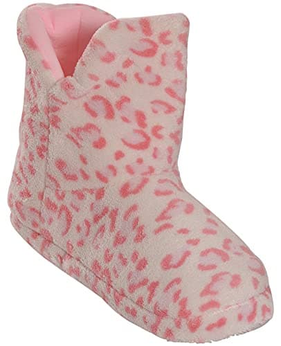 Image of HOCHSTE Ladies Slipper Bootie Ankle Slip on Bootee Warm Fleece Fur Line Cosy Fur UK Size (5/6, Pink Spot-Bootee, numeric_5)