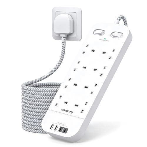 Image of Extension Lead 5M, 8 Way Outlets Power Strip with 2 USB C and 2 USB A Slots, 1800J Surge Protection, 3250W/13A Double Switch Braided Extension Cable, Wall Mountable Plug Extension for Home, Office