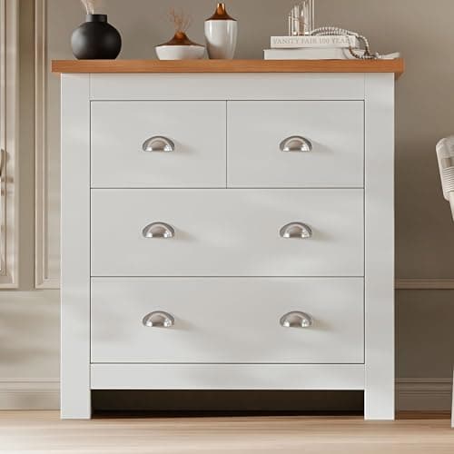 Image of Blisswood Wooden Chest of Drawers, 2+2 Drawer Slim Storage Unit Cabinet with Oak Top for Bedroom Furniture, Chest for Living Room, Lounge, Hallway Office Furniture, White/Oak 38D x 75W x 81H CM