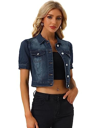 Image of Allegra K Women's Casual Denim Jackets Button-Down Puff Sleeve Jean Crop Jacket Medium Dark Blue
