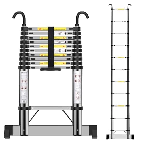 Image of Telescopic Ladder 3.2m, Stainless Steel Extendable Ladder with Hooks and stabiliser, Height Adjustment, Convenience for Home, Attic Access, etc.
