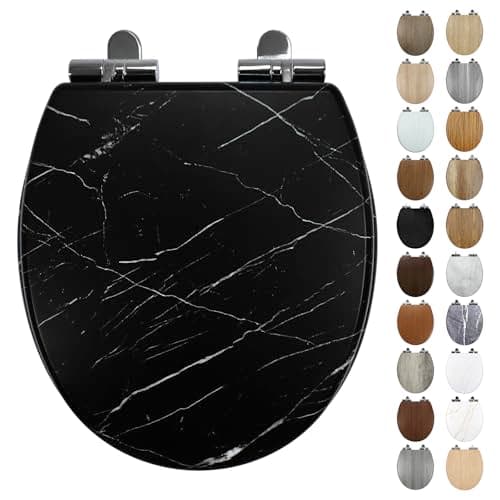 Image of Fanmitrk Black Marble Wooden Toilet Seat Soft Close, 18mm Thickened MDF Wood Toilet Seat with Adjustable Strong Zinc Alloy Hinges, Comfortable, Durable, Easy Cleaning (MF-J2506)