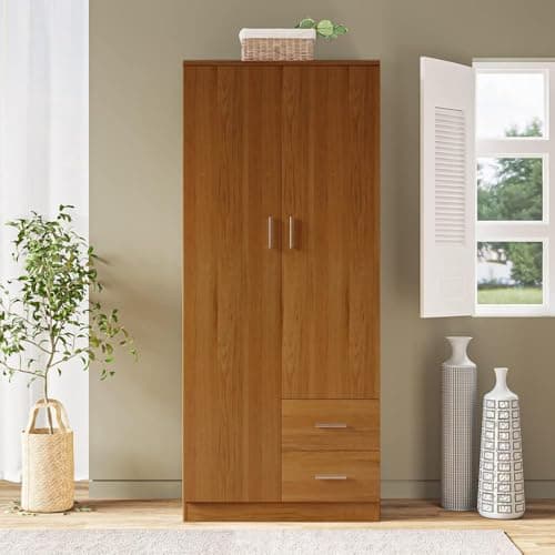 Image of Panana 2 Door Double Wardrobe + 2 Drawers Bedroom Storage Furniture Cupboard UK (Oak)