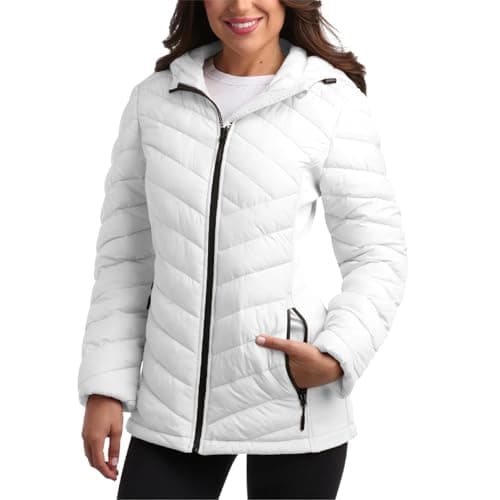 Image of Reebok Womens Puffer Jacket - Midweight Quilted Snow Glacier Shield Full Zip Winter Coat for Women with Hood & Zip Pockets, White Mist, M