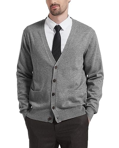 Image of Kallspin Men’s Wool Blend Cardigan Sweater V Neck Button Front Knitwear Long Sleeve Smart Casual Jumper(Light Grey, X-Large)
