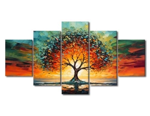 Image of TISHIRON 5 Panels Colorful Tree of Life Wall Art Nature Tree Abstract Canvas Painting Tree at Sunset Oil Painting Landscape Poster Artwork for Living Room Decor Framed Ready to Hang 60" Wx32 H