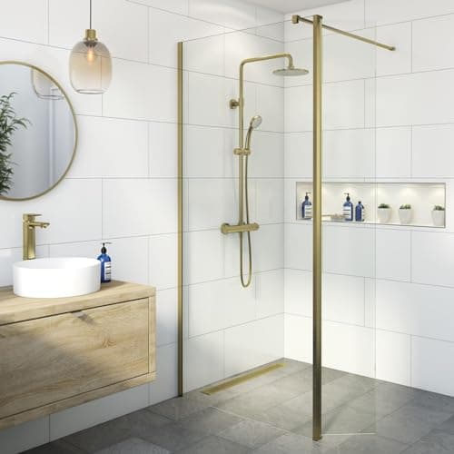 Image of BAYSTONE® 1200mm Wet Room Shower Screen Panel 8mm Toughened Safety Easy Clean Glass Walk in Shower Enclosure + Hinged Return Panel, Frameless, Brushed Brass