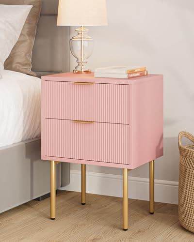 Image of HEYZOEY Bedside Table, Small Bedside Tables with 2 Drawers, Wooden Nightstand with Gold Legs, Mid-Century Modern Bed Side End Table for Bedroom, Living Room, Pink