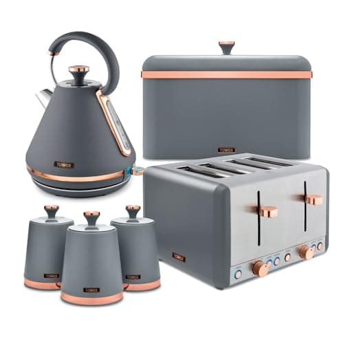 Image of Tower Cavaletto 4 Piece Kitchen Set, 3kW 1.7L Pyramid Kettle, 4 Slice Toaster, Bread Bin & 3 x 1.3L Canisters, Grey, EEJB474