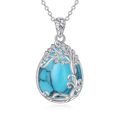 Image of YAFEINI 925 Sterling Silver Turquoise Necklace Tree of Life Teardrop Pendant Necklace Turquoise Jewellery for Women Girls (OO-Tree of Life Turquoise Necklace)