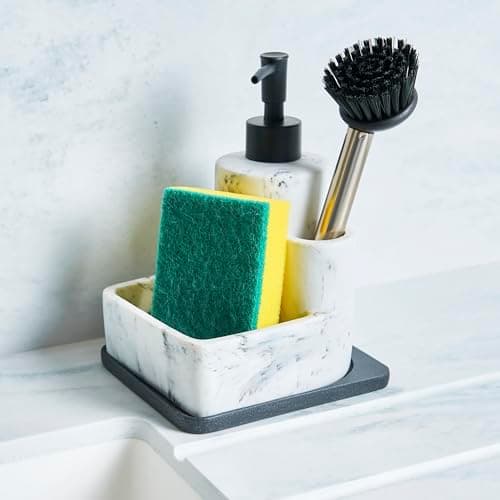 Image of OHS 3-in-1 Soap Dispenser with Sponge Holder and Dish Scrub Brush Holder Countertop Organizer for Kitchen Sink Refillable Hand and Dish Soap Dispenser with Pump, White Marble