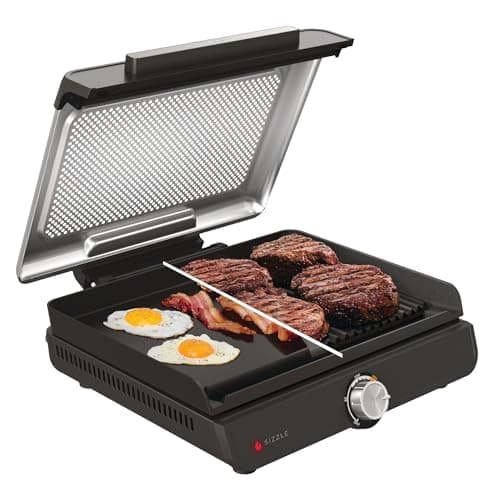 Image of Ninja Sizzle Low Smoke Electric Indoor Grill & Flat Plate, 1460W, with Non-Stick Grill Plate & Flat Top Plate, Detachable Dishwasher Safe Lid, Grease Catch & Recipe Guide, Grey GR101UK