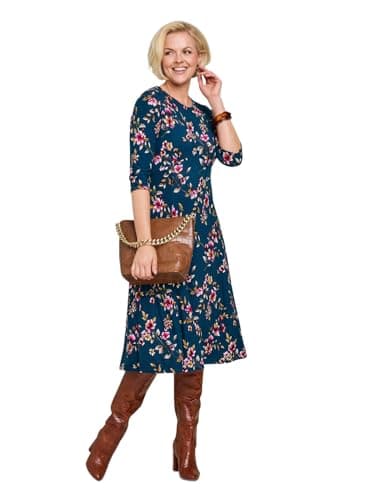 Image of Amber Ladies Soft Brushed Fabric Jersey Print Dress Fit and Flare 3/4 Sleeve Scoop Neck Dress Teal 16