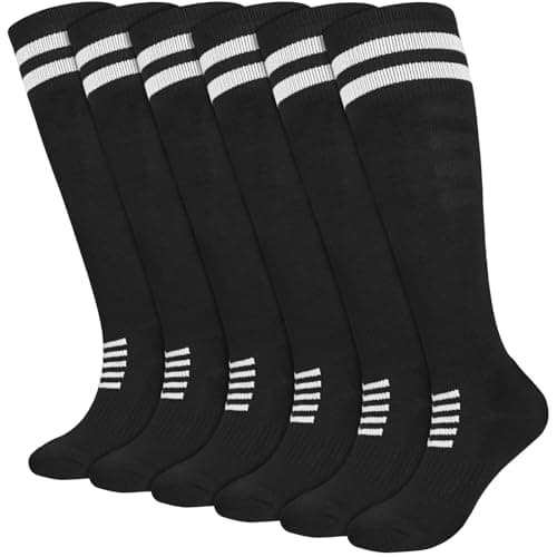 Image of ouhos Kids Football Socks, Knee-High Sports Socks for Boys & Girls Aged 5-12, Breathable Cotton Blend Cushioned Team Socks, 3 Pairs (Black & White Stripes)