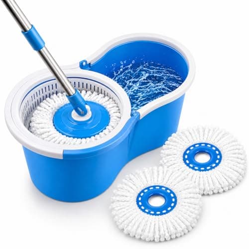 Image of 360° Spin Mop Bucket Set with 2 Microfibre Heads – Magic Spin Dry Floor Cleaning System, Stainless Steel Handle, Hands-Free Wringer for Wooden, Marble & Tile Floors (Blue)