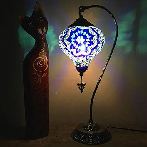 Image of (6 Colors) Turkish Mosaic Table Lamp Handmade Glass Lamp Swan Neck Desk Light Moroccan Bohemia Retro Art Stained Glass Style Night Light with Bronze Base for Bedroom Cafe, 7 Inch,D