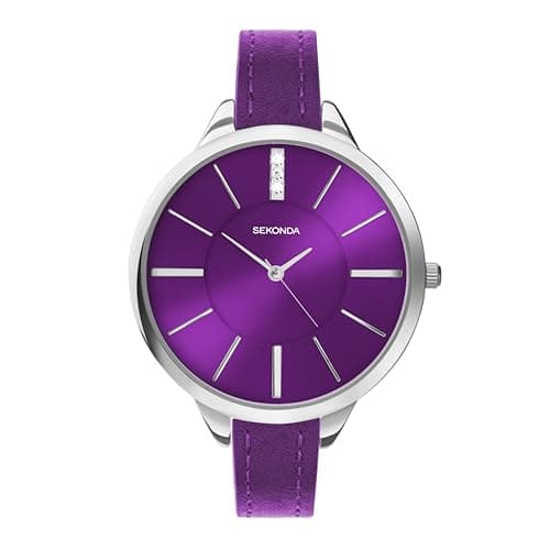 Image of Sekonda Ada Womens Watch – Quartz 39mm Ladies Watch with Stone Set Sunray Dial, Silver-Tone Case and Purple Leather Strap – 2 Year Warranty