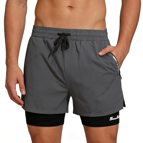 Image of InfiniZer Men's Swim Shorts with Lining, 2-in-1 Quick Dry Swimming Shorts Men with Compression Liner & Zipper Pockets (UK, Alpha, L, Regular, Regular, Grey)