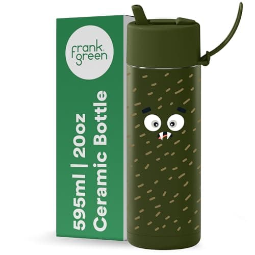 Image of frank green Reusable Cup with Flip Straw Lid, Frankster Drinks Bottle for Kids, Spill and Leak-Resistant, Ceramic Lined - Scout, Khaki 20oz