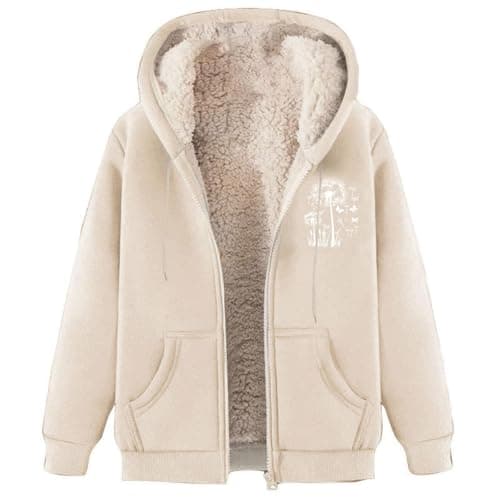 Image of Zipped Hoodies for Women Uk Winter Soft Sherpa Lined Full Zip Hoodies Ladies Casual Teddy Bear Thick Warm Hooded Coats Outdoor Running Zipper Jackets with Pockets Beige Style#4 XL