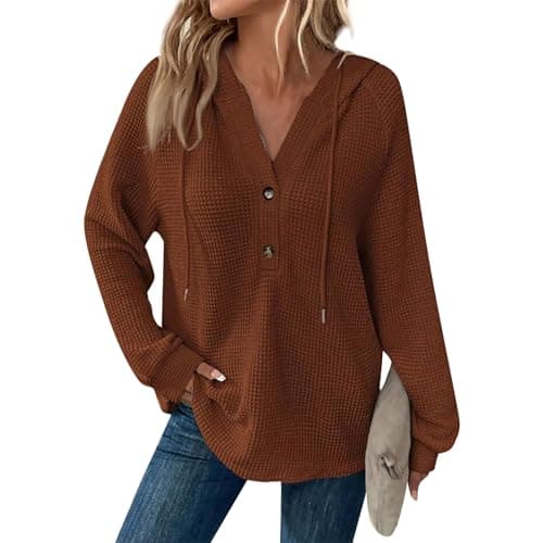 Image of Casual Tops for Women Uk Tops for Ladies Long Sleeve Waffle Jumpers Knit Drawstring Hoodies Button V-Neck Casual Sweatshirt Tops 02-Brown L