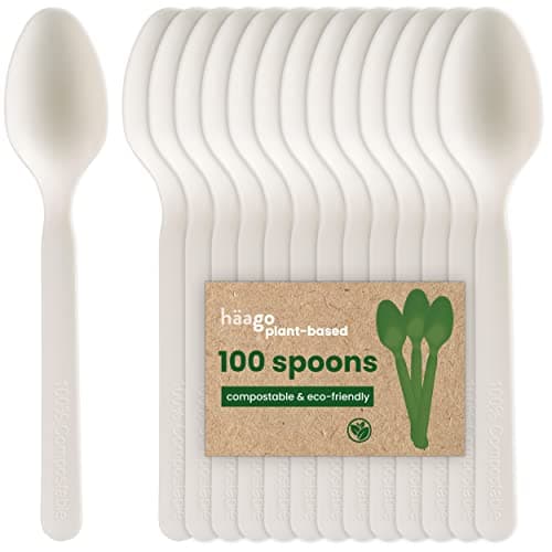 Image of HAAGO 100 Spoons Cutlery Set, White (16cm / 6") – Eco-Friendly, Biodegradable & Compostable – Reusable, Heavy-Duty, 100% Natural Utensils for Hot & Cold Food – Plant-Based & BPA-Free