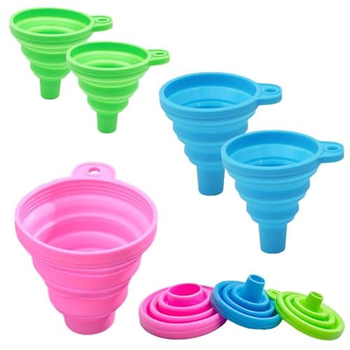 Image of KINDOYO 5 Pcs Silicone Collapsible Funnel Set - Flexible Foldable Funnel Cooking Gel Funnel Kitchen Gadgets for Transferring of Liquid Fluids Powders Spices (Blue*2 + Green*2 + Pink*1)
