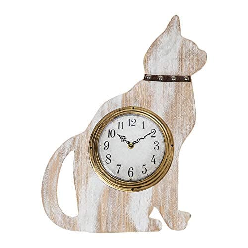 Image of Best of Breed Whitewashed Wood Cat Shaped Wall Clock with Leatherette Collar 48 cm BB494
