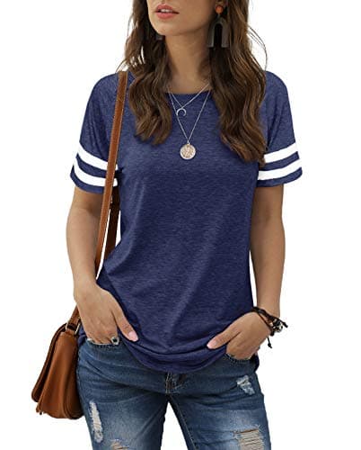 Image of Aokosor Ladies T Shirts Striped Sleeve Women Summer Tops Side Split Casual Tee Navy Size 6-8