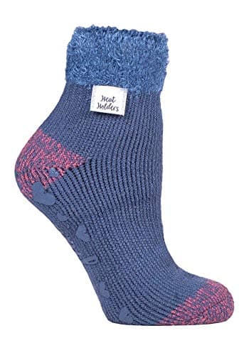 Image of HEAT HOLDERS - Ladies Feather Top Fluffy Low Cut Non Slip Thermal Lounge Bed Socks with Grips (4-8 uk, Muted Blue (L Feather))