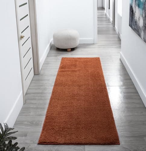 Image of Comfy Washable Modern Living Room Rug Polyester Plain Indoor Area Rug with Low Pile - Anti-Slip Felt Backing SuperSoft Carpet Bedroom-Hallway, Terracotta, 60x200 cm