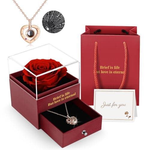 Image of ADAZ Preserved Real Rose Gift Box with I Love You Necklace, Handmade Eternal Rose Flower Valentines Gifts for Her Girlfriend Women Wife Mum Mother on Valentines Day, Birthday, Anniversary, Christmas