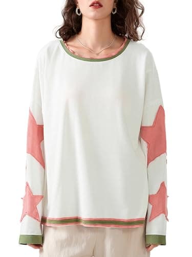 Image of Anuedgis Women's Y2K Oversized Star Patch Sweatshirt Casual Crewneck Long Sleeve T Shirts Trendy Loose Fit Pullover Tops Streetwear (A-Pink, S)