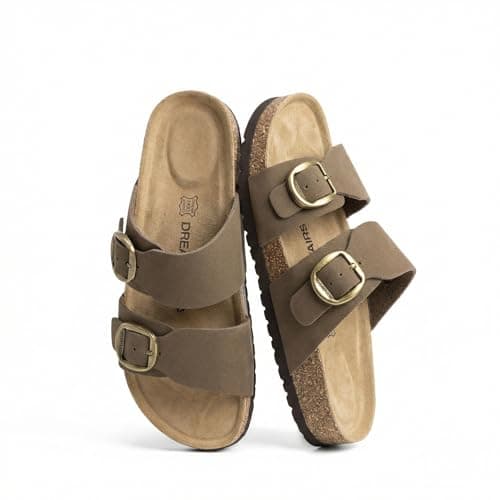 Image of DREAM PAIRS Women's Slides Soft Genuine Footbed Sandals Comfortable Adjustable Double Buckle Slip-on Flat Sandals with Arch Support Frame Dual Slippers for Summer 2026,Size 5,Brown,SDSS26004W