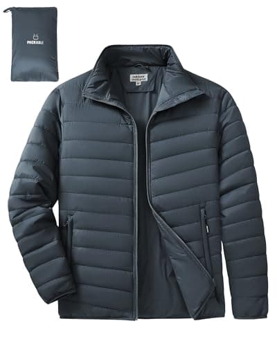 Image of Outdoor Ventures Men's Packable Puffer Jacket Insulated Lightweight Puffy Coat Warm Portable Padded Water Resistant Jacket for Hiking Travelling Camping Dark Grey L