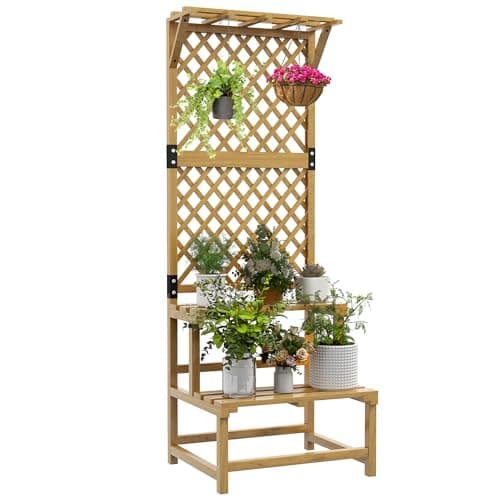 Image of Outsunny 2 Tier Wooden Plant Stand with Trellis, Freestanding Raised Garden Bed for Climbing Plants, Planter Box to Grow Vegetables, Herbs and Flowers for Garden, Patio, Yellow