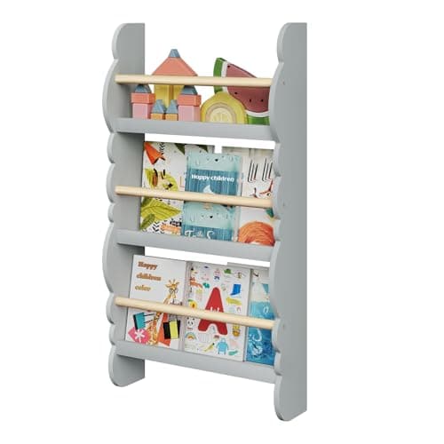 Image of WOLTU Kids Bookcase, Wall Shelf, 3-Tier Children's Bookshelf, Storage Display Rack, Wooden Book Organiser for Children's Room, Cloud-shape, Grey