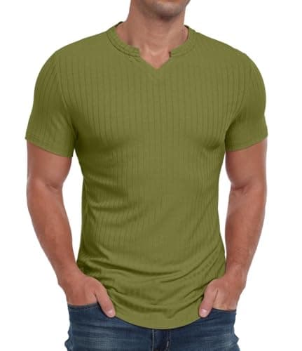 Image of PrinStory Short Sleeves T Shirts For Men V Neck Stripe Henley Tshirt Basic Slim Fit Casual Tee Shirt Summer Men Tops (Army Green,L)