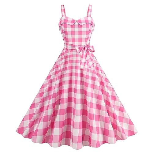 Image of Wellwits Women's Lapel Neck Checkered Plaid Print Shirred Back Strap Formal Cocktail Vintage Dress Pink L