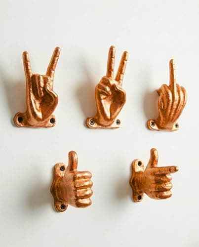 Image of AYZCORP Set of 5 Hand Gesture Decorative Wall Hooks, 4 Inches High-Peace Sign, Rock On, and Finger Thumbs up & Pointing Finger Gestures. Unique Stylish Key or Towel Hangers (Copper)